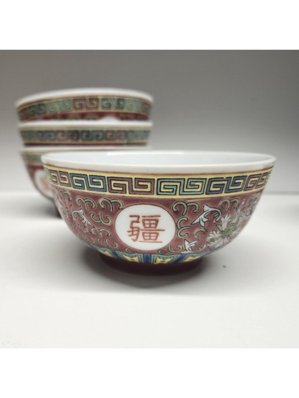 Porcelain Rice Bowls Longevity Mun Shou Red Chinese Famille Rose Set of 4